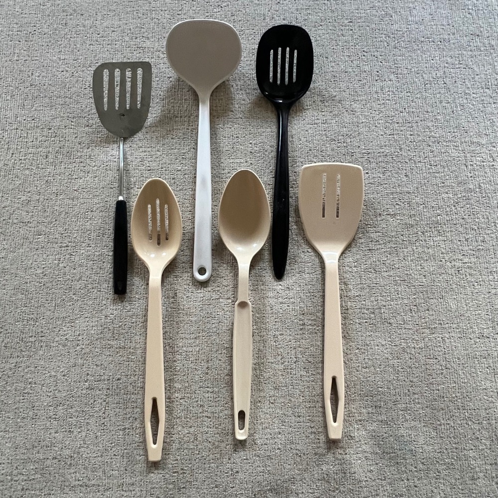 Vtg‎ Kitchen Utensil Set 6pc Tailor Made Trudeau Ekco Spatulas Spoons Tan Black
